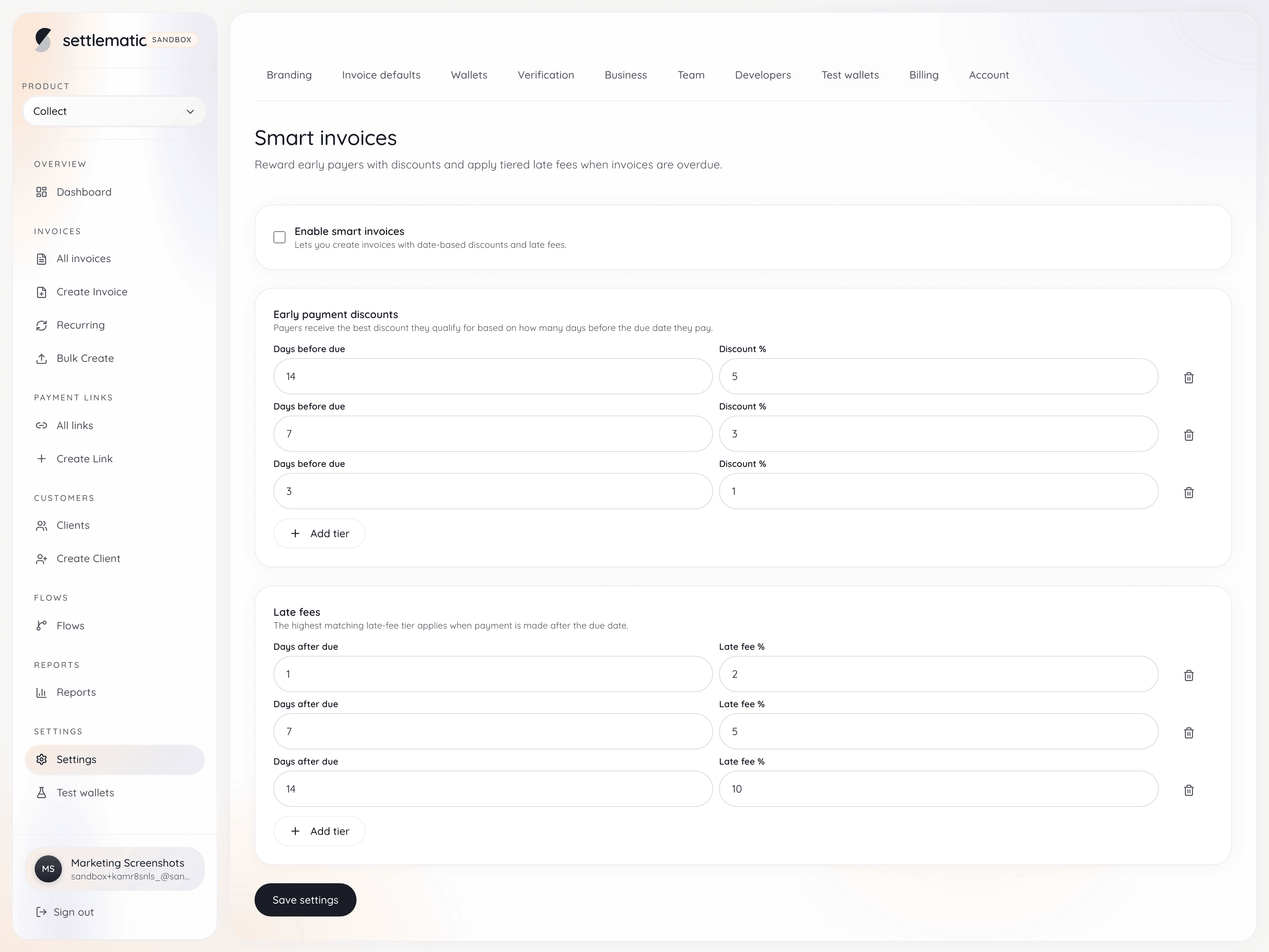 Settlematic Smart invoices settings with early-payment discount tiers and late fee tiers configured by days from due date