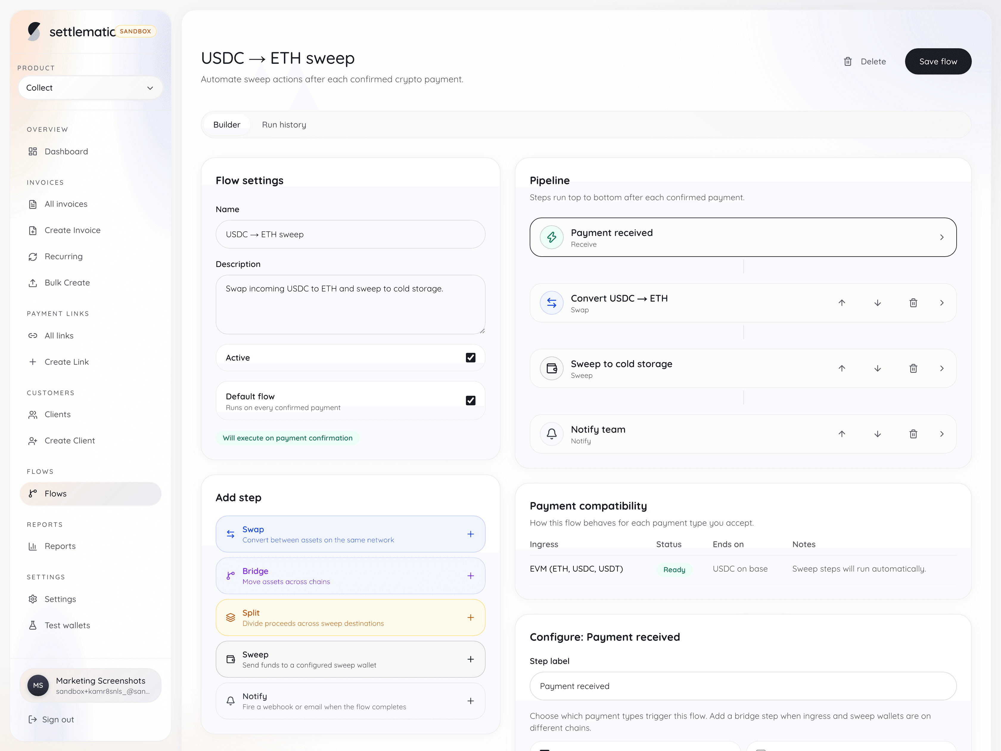 Settlematic conversion flow pipeline with payment received, USDC to ETH swap, sweep to cold storage, and team notification steps