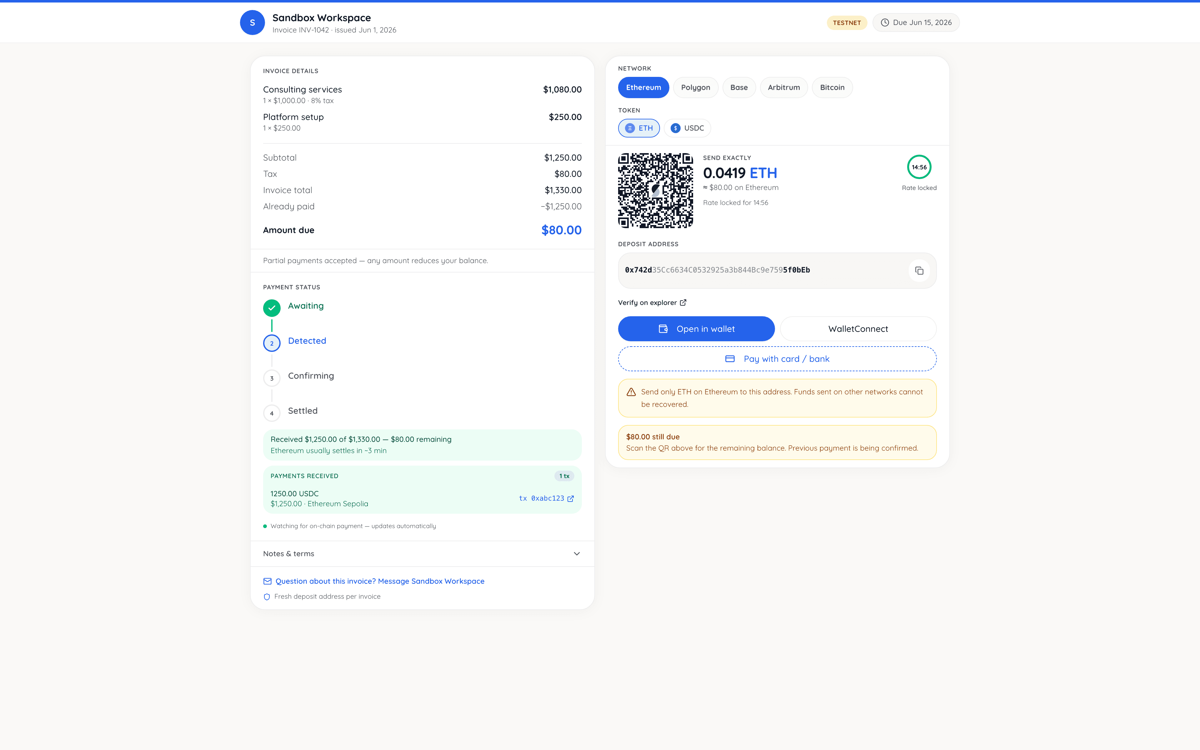 Settlematic hosted crypto checkout for invoice INV-1042 with ETH, USDC, and BTC tabs, partial payment progress, and wallet pay controls