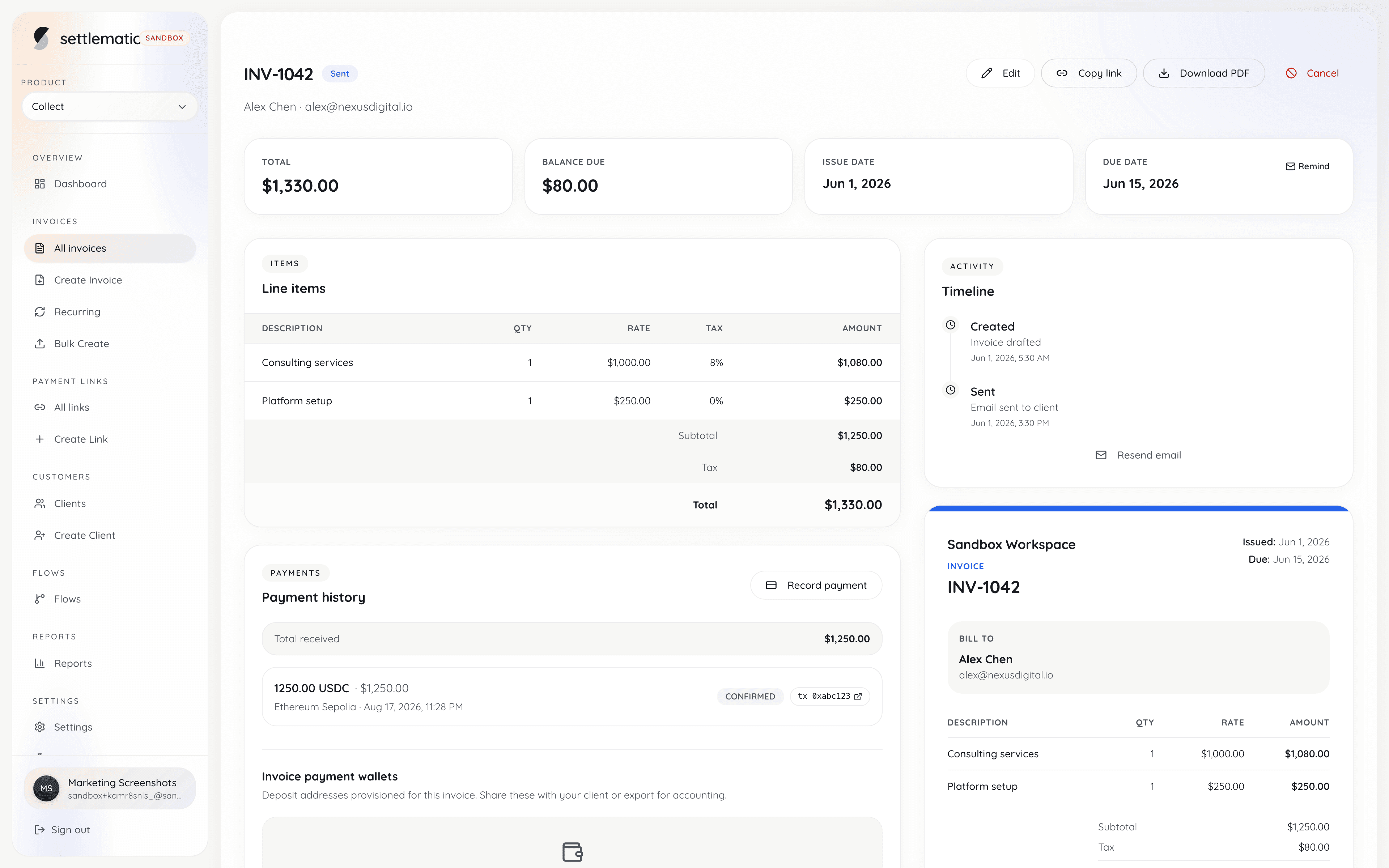 Settlematic invoice INV-1042 for Alex Chen with consulting line items, $80 balance due, and sent timeline in the Collect dashboard