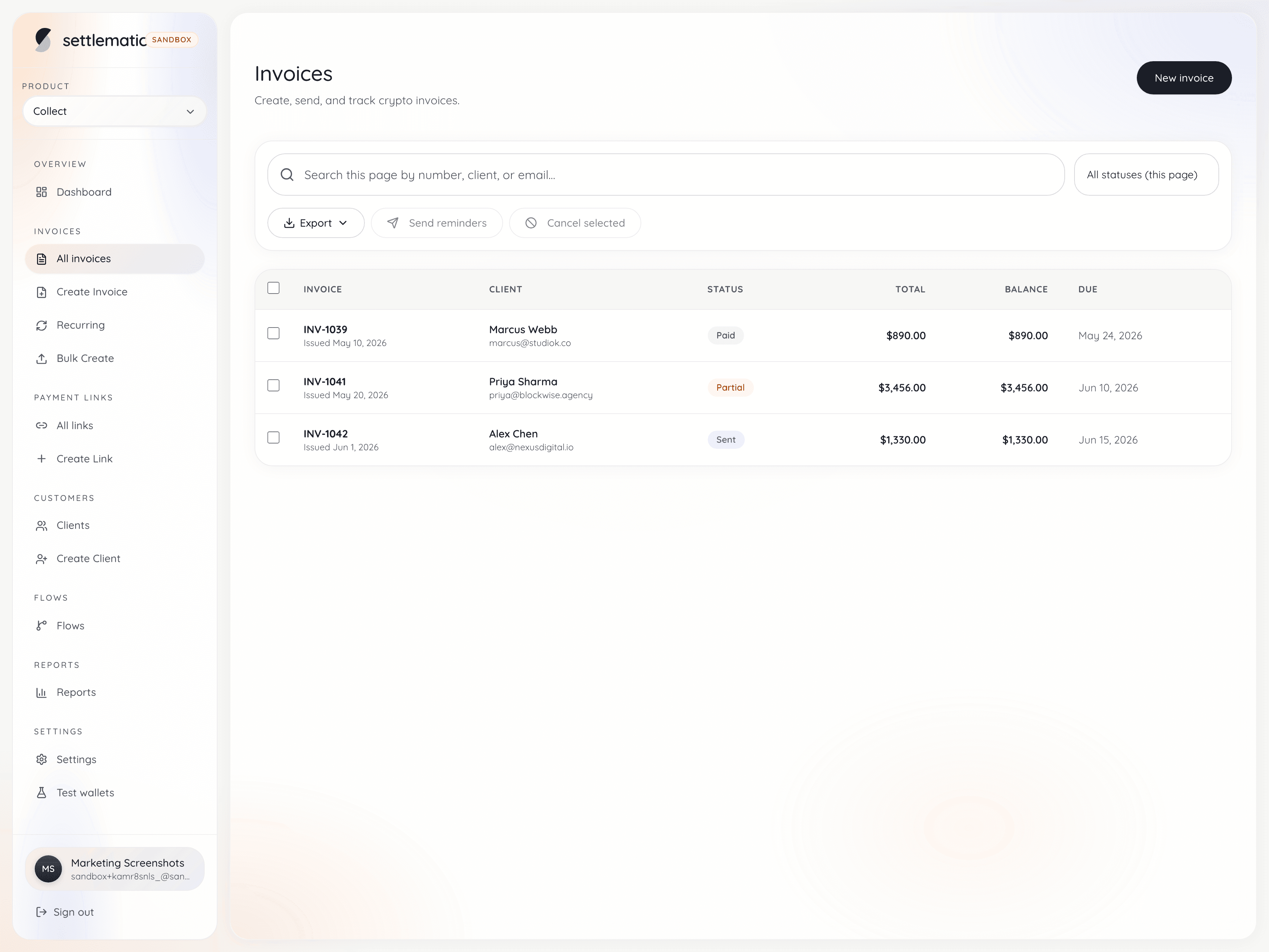 Settlematic Collect invoices dashboard listing paid, partial, and sent invoices with client, total, balance, and due date columns