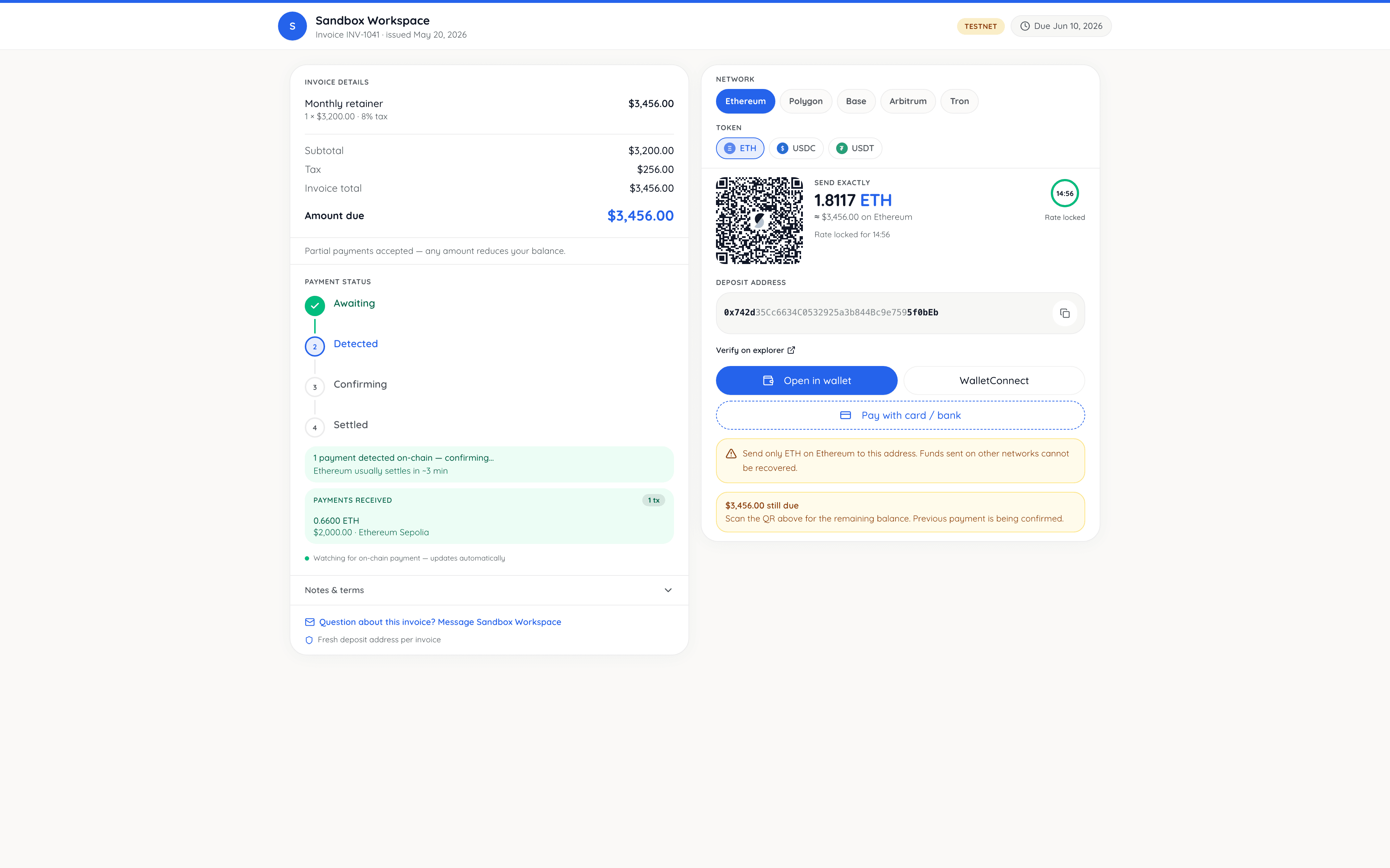 Settlematic hosted payment page for invoice INV-1041 with partial balance due after a confirming ETH payment on Ethereum