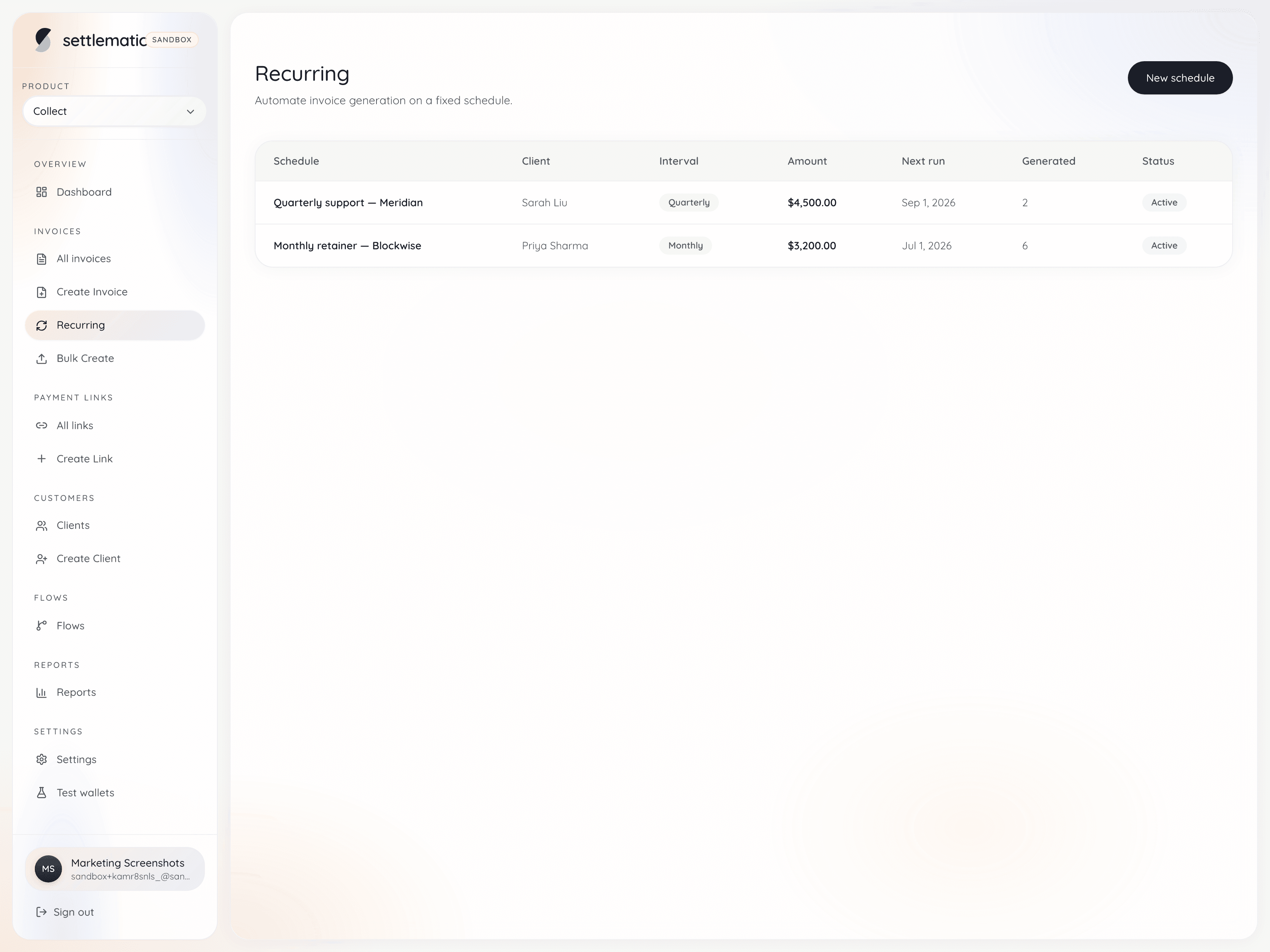 Settlematic recurring invoice schedules including Monthly retainer for Blockwise and Quarterly support for Meridian Labs