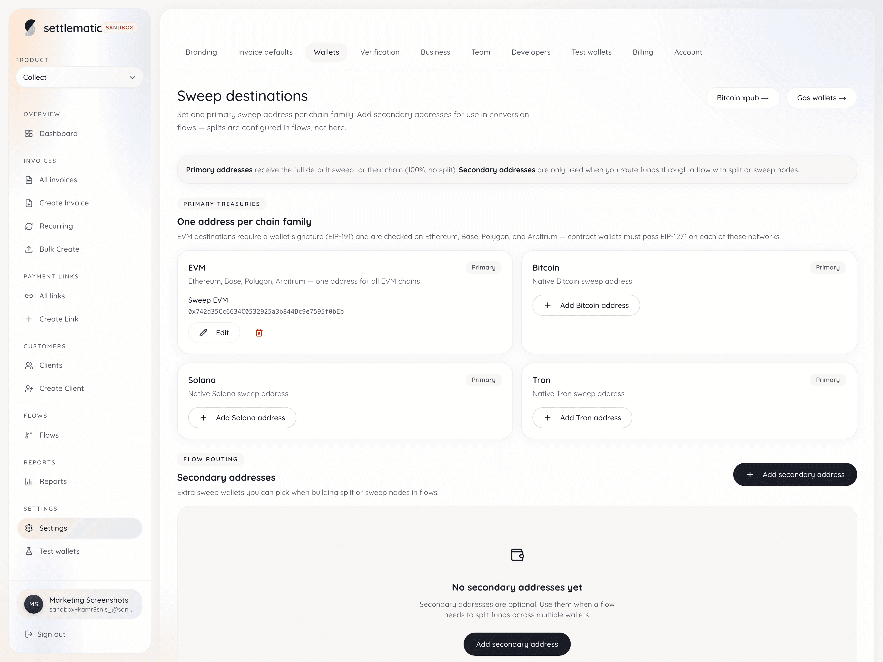 Settlematic sweep destinations settings with destination addresses configured across EVM, Bitcoin, Solana, and Tron chain families