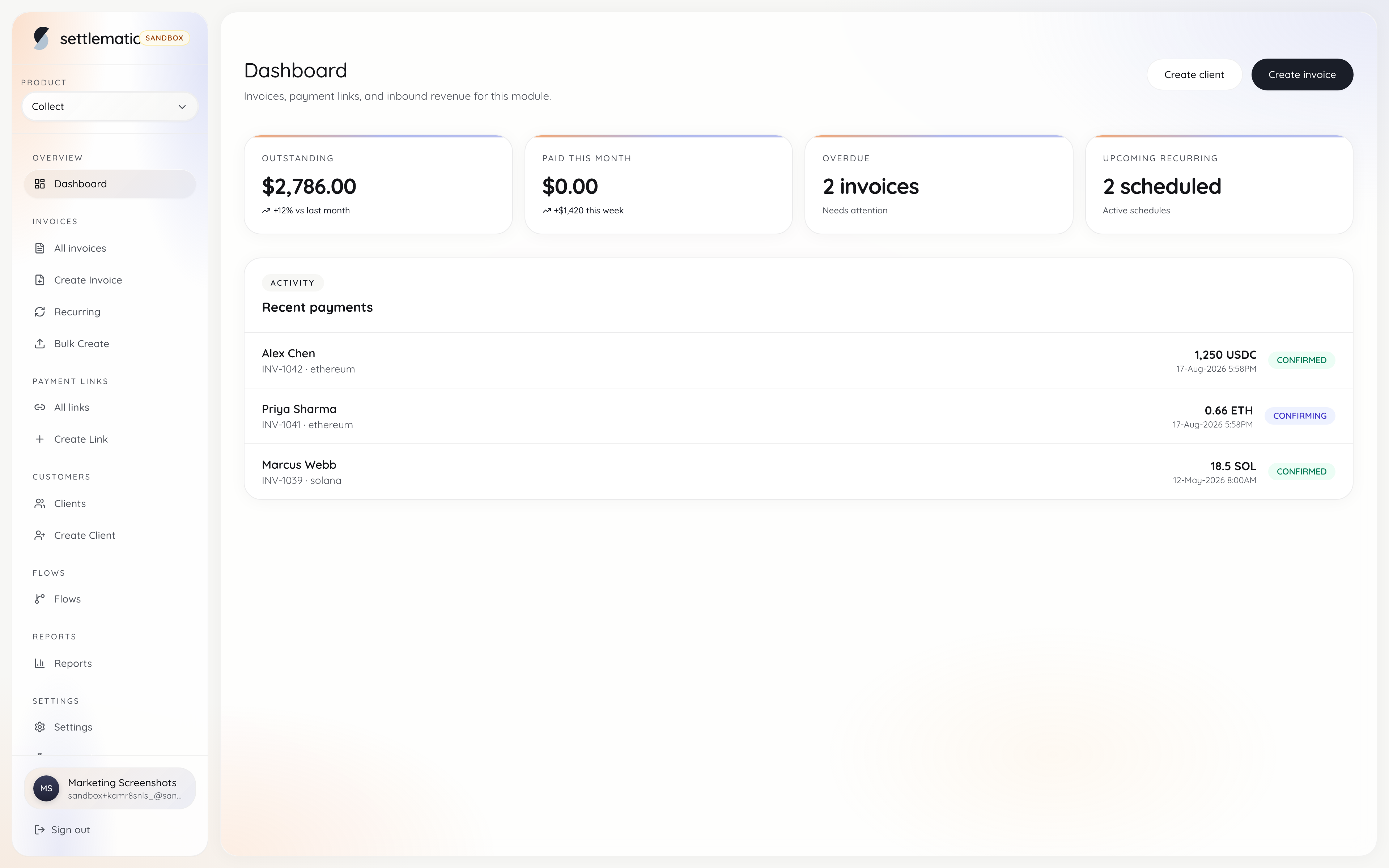Settlematic Collect dashboard for Northstar Commerce showing outstanding balance, paid this month, overdue invoices, and recent crypto payments