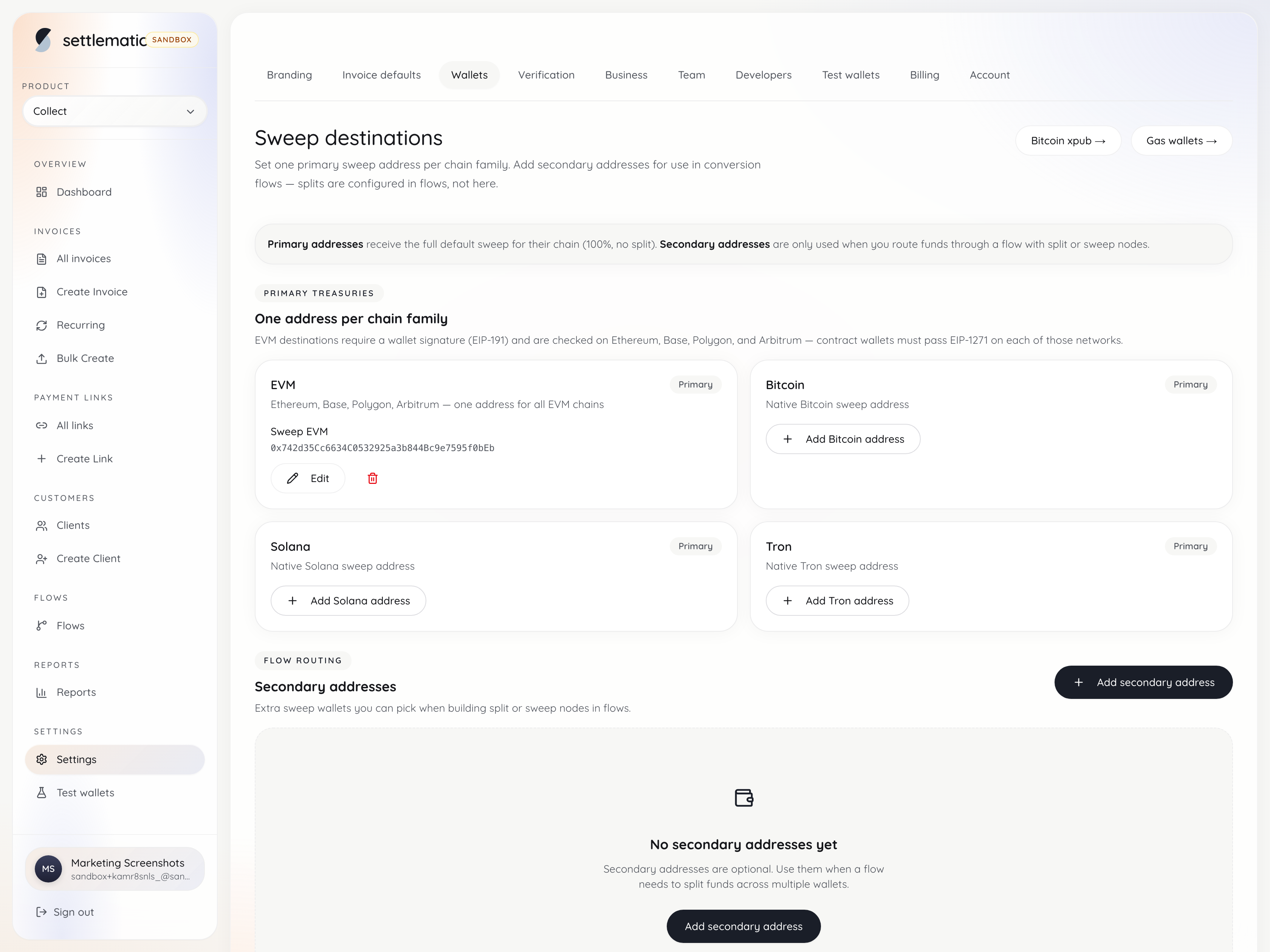 Settlematic sweep destinations settings with destination addresses configured across EVM, Bitcoin, Solana, and Tron chain families